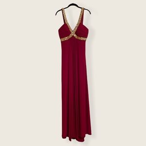 Betsy & Adam Deep Red Bejeweled Long Prom Dress